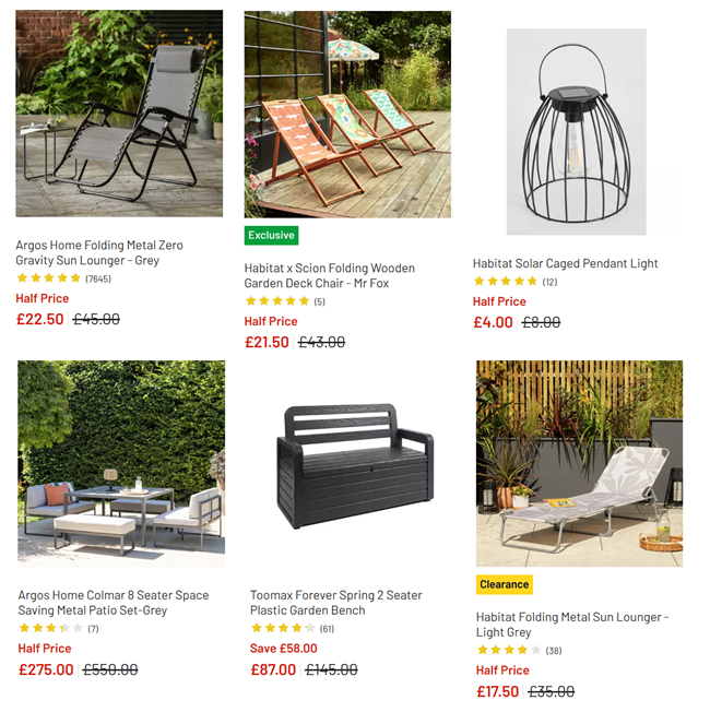 Screenshot showing Garden & Outdoor Living Sale at Argos