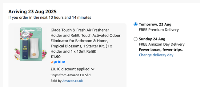 Screenshot showing Glade Touch & Fresh Air Freshener Tropical Blossoms for Bathroom & Home 10ml 1 Starter Kit for £1.90 at Amazon
