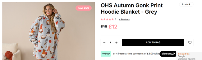 Screenshot showing Autumn Gonk Print Hoodie Blanket for £12 at Online Home Shop