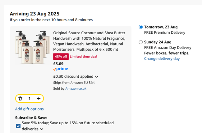 Screenshot showing Original Source Coconut & Shea Butter Handwash 6 x 300ml for £5.69 at Amazon