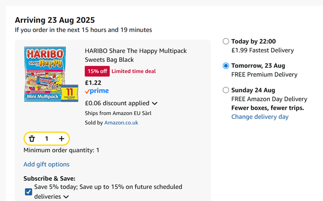 Screenshot showing Haribo Share The Happy Multipack Sweets Bag 176g for £1.22 at Amazon
