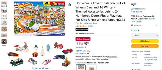 Screenshot showing Hot Wheels Advent Calendar for £9.99 at Amazon
