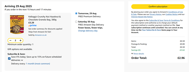 Screenshot showing Kellogg's Crunchy Nut Granola Bag 380g 2 for £2.96 at Amazon