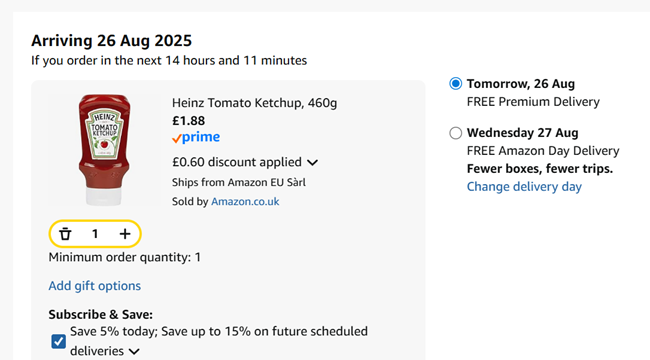 Screenshot showing Heinz Tomato Ketchup 460g for £1.88 at Amazon