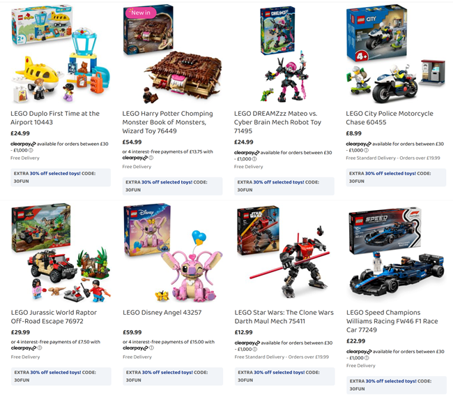 Screenshot showing 30% off selected LEGO with code offer at Bargain Max