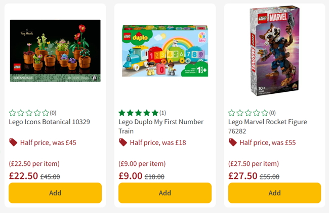 Screenshot showing 50% Off Selected LEGO Sets at Morrisons