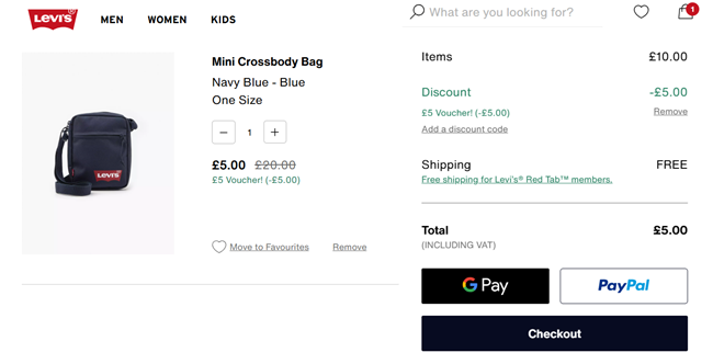 Screenshot showing Levi's Mini Crossbody Bag for £5 delivered at Levi's