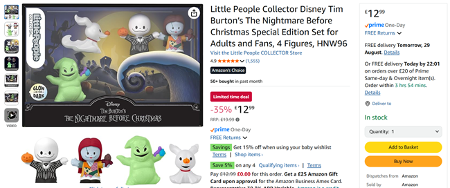 Screenshot showing Little People Collector Disney The Nightmare Before Christmas Special Edition Set for £12.99 at Amazon