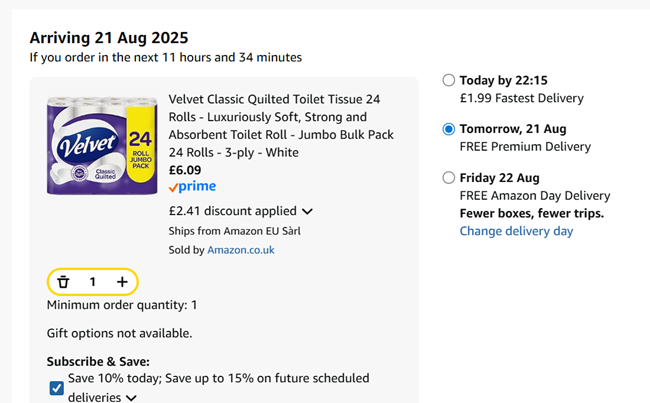 Screenshot showing Velvet Classic Quilted Toilet Tissue 24 Rolls for £6.09 at Amazon