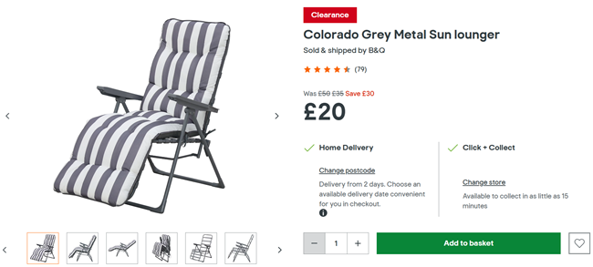 Screenshot showing Colorado Grey Metal Sun Lounger for £20 at B&Q