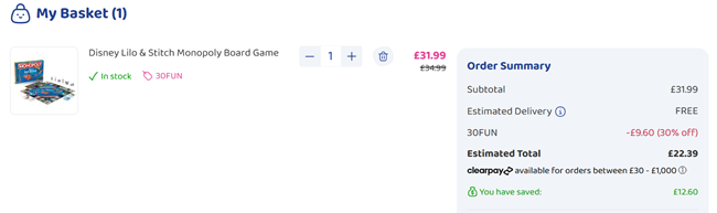 Screenshot showing Disney Lilo & Stitch Monopoly Board Game for £22.39 delivered with code at Bargain Max