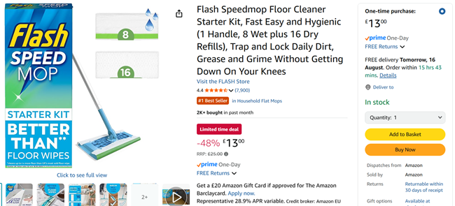 Screenshot showing Flash Speedmop Floor Cleaner Starter Kit for £13 at Amazon