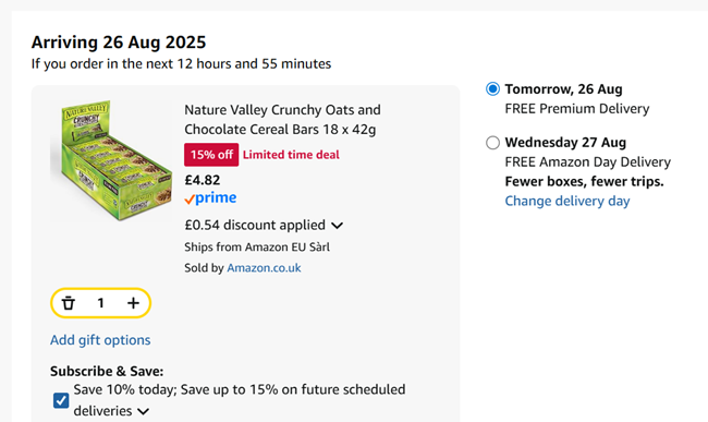 Screenshot showing Nature Valley Crunchy Oats and Chocolate Cereal Bars 18 x 42g for £4.82 at Amazon