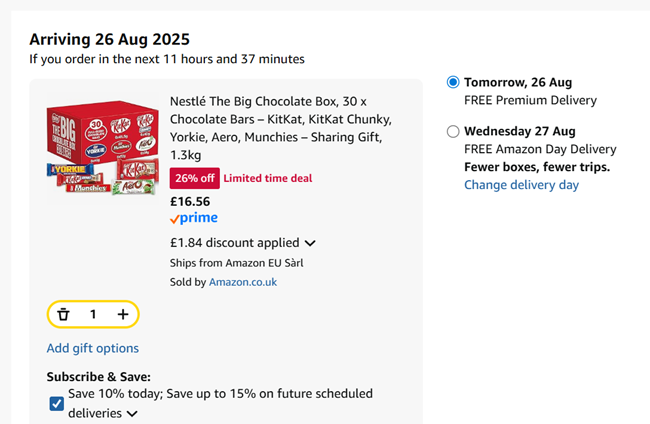 Screenshot showing Nestlé The Big 30 Bar Chocolate Box for £16.36 at Amazon