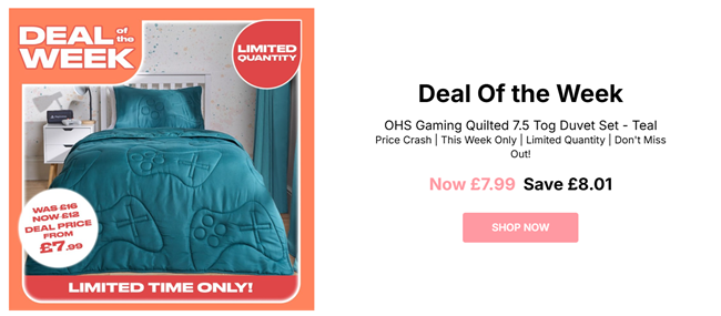 Screenshot showing Gaming Coverless Quilted 7.5 Tog Duvet Set from £7.99 at Online Home Shop