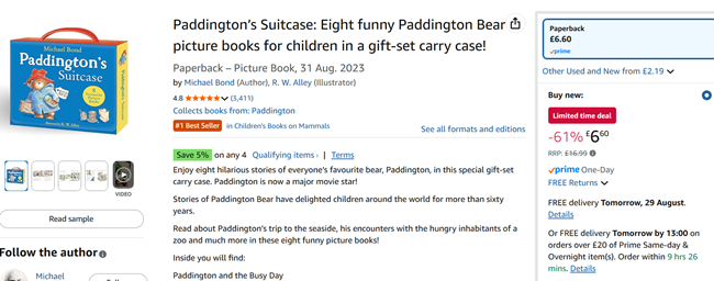 Screenshot showing Paddington’s Suitcase 8 Book Collection for £6.60 at Amazon
