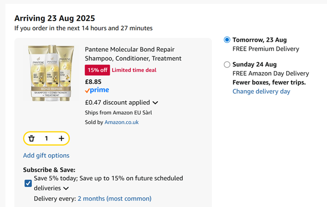 Screenshot showing Pantene Molecular Bond Repair Shampoo, Conditioner & Treatment Bundle for £8.85 at Amazon