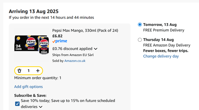 Screenshot showing Pepsi Max Mango 330ml (Pack of 24) for £6.82 at Amazon