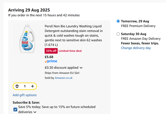 Screenshot showing Persil Non Bio Laundry Washing Liquid Detergent 62 Washes (1.674 L) for £5.68 at Amazon