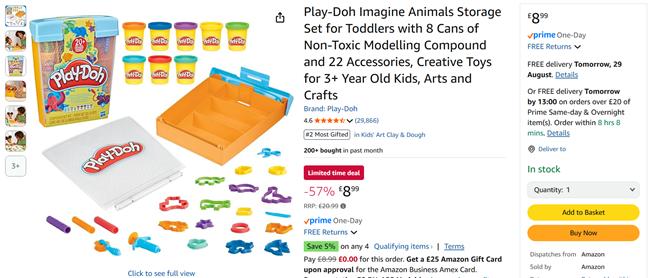 Screenshot showing Play-Doh Imagine Animals Storage Set for £8.99 at Amazon
