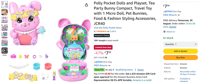 Screenshot showing Polly Pocket Tea Party Bunny Compact for £7.99 at Amazon