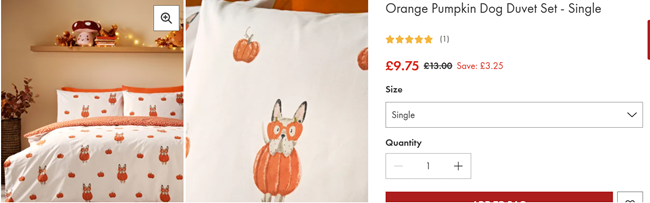 Screenshot showing Orange Pumpkin Dog Duvet Set from £9.75 at Matalan