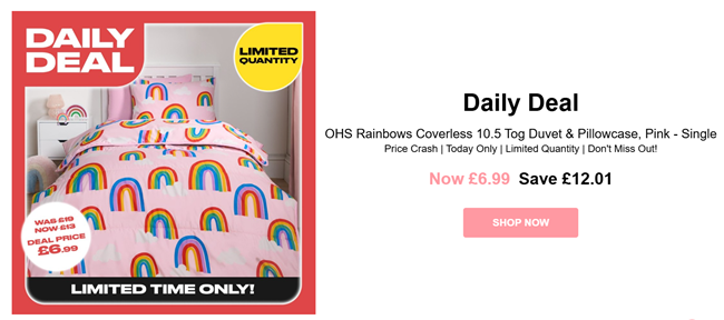 Screenshot showing Rainbows Coverless 10.5 Tog Duvet & Pillowcase for £6.99 at Online Home Shop