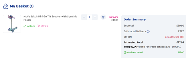 Screenshot showing MoVe Stitch Mini Go Tilt Scooter with Squishle Pouch for £27.99 delivered with code at Bargain Max