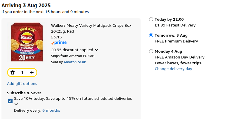 Walkers Multipack Crisps Box 20 x 25g From £3.15 @ Amazon