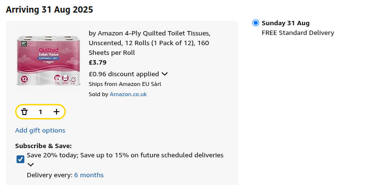 by Amazon 4-Ply Quilted Toilet Tissue 12 Rolls £3.79 @ Amazon
