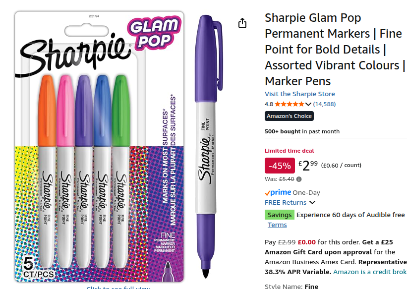 Sharpie Glam Pop Permanent Markers 5 Pack £2.99 @ Amazon