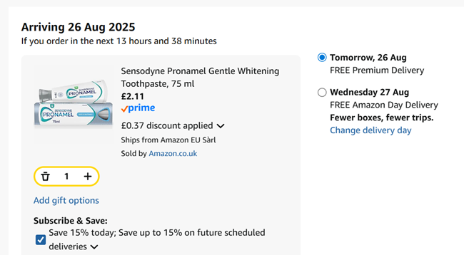 Screenshot showing Sensodyne Pronamel Gentle Whitening Toothpaste 75 ml for £2.11 at Amazon