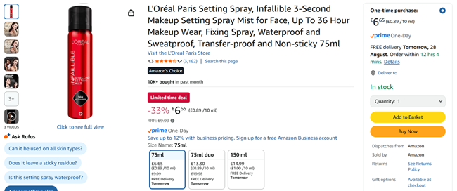 Screenshot showing L'Oreal Paris Infallible 3-second Setting Mist for £6.65 at Amazon