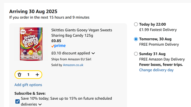 Screenshot showing Skittles Giants Gooey Sweets Sharing Bag 125g for 85p at Amazon