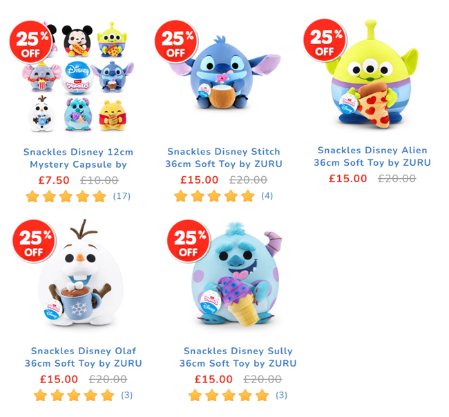 Screenshot showing 25% Off Disney Snackles Toys at The Entertainer