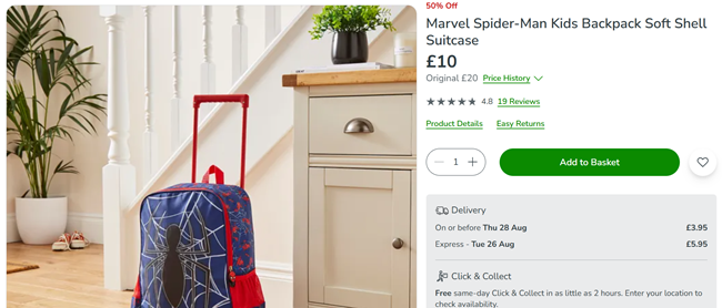 Screenshot showing Marvel Spider-Man Kids Backpack Soft Shell Suitcase for £10 at Dunelm