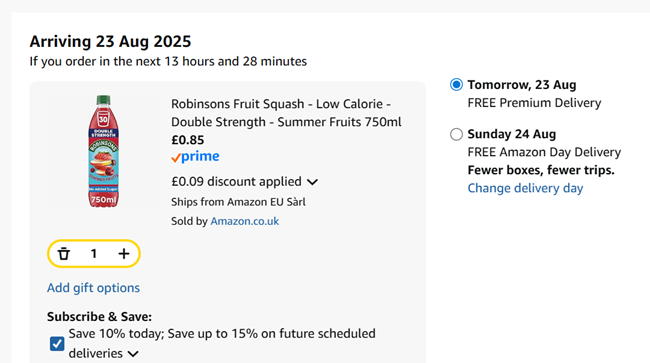 Screenshot showing Robinsons Fruit Squash Double Strength 750ml for 85p at Amazon