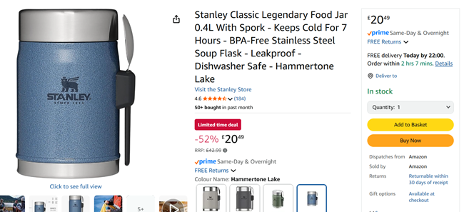 Screenshot showing Stanley Classic Legendary Food Jar 0.4L With Spork for £20.49 at Amazon