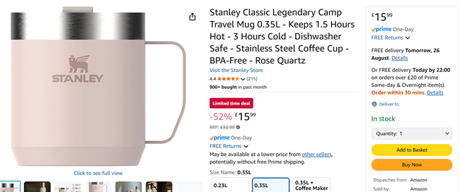 Screenshot showing Stanley Classic Legendary Camp Travel Mug 0.35L for £15.99 at Amazon