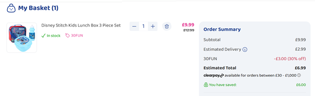 Screenshot showing Disney Stitch Kids Lunch Box 3 Piece Set for £6.99 with code at Bargain Max