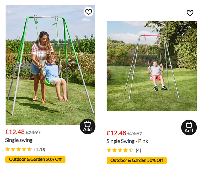 Screenshot showing Single Swing for £12.48 at Asda George