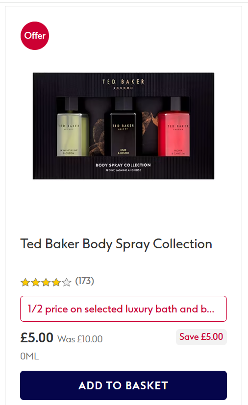 Screenshot showing Ted Baker Body Spray Collection for £5 at Boots