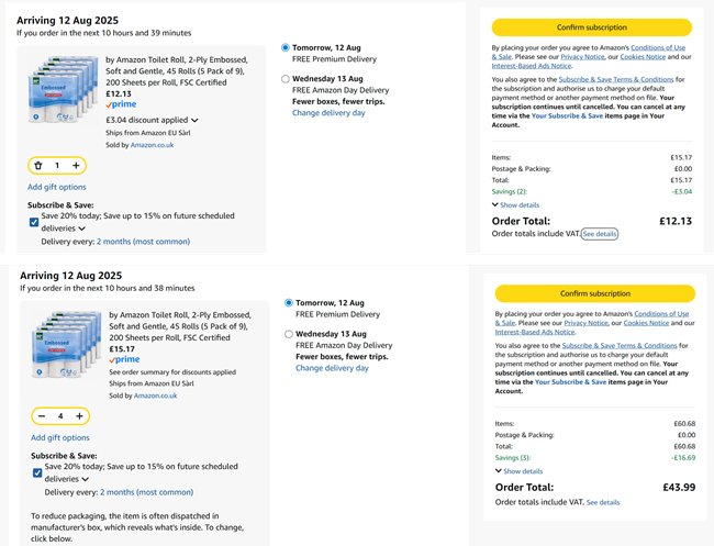 Screenshot showing by Amazon Toilet Roll, 2-Ply Embossed, 45 Rolls (5 Pack of 9) for £12.13 at Amazon