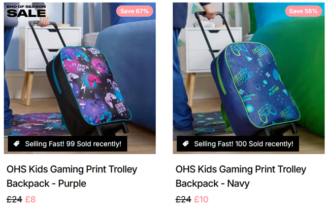 Screenshot showing Kids Trolley Backpacks from Online Home Shop