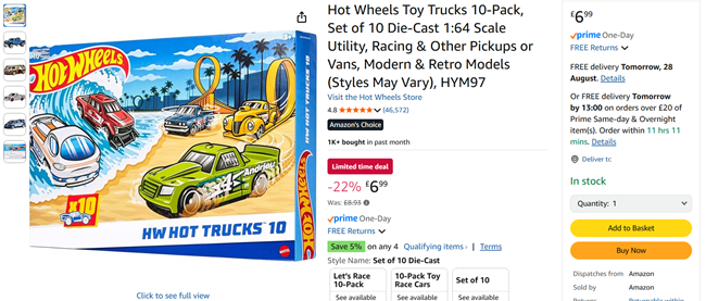 Screenshot showing Hot Wheels Toy Trucks 10-Pack for £6.99 at Amazon