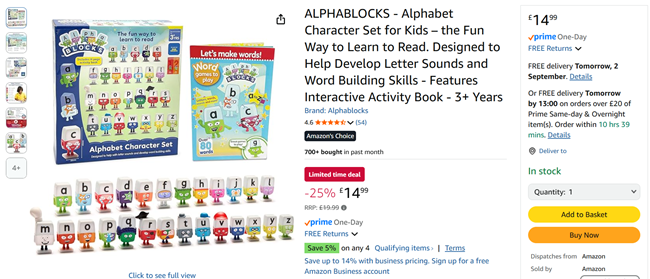 Screenshot showing Alphablocks Alphabet Character Set for £14.99 at Amazon