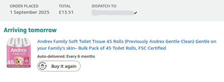 Screenshot showing Andrex Family Soft Toilet Tissue 45 Rolls for £13.51 at Amazon
