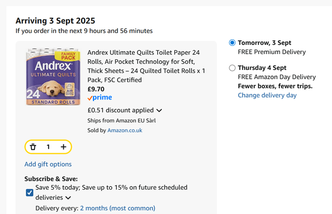 Screenshot showing Andrex Ultimate Quilts Toilet Paper 24 Rolls for £9.70 at Amazon