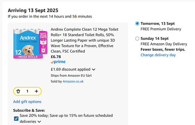 Screenshot showing Andrex Complete Clean 12 Mega Toilet Rolls for £6.78 at Amazon