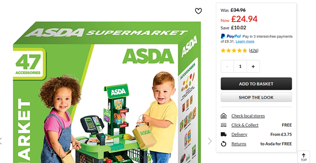 Screenshot showing Asda Toy Supermarket Checkout & Accessories for £24.94 at Asda George